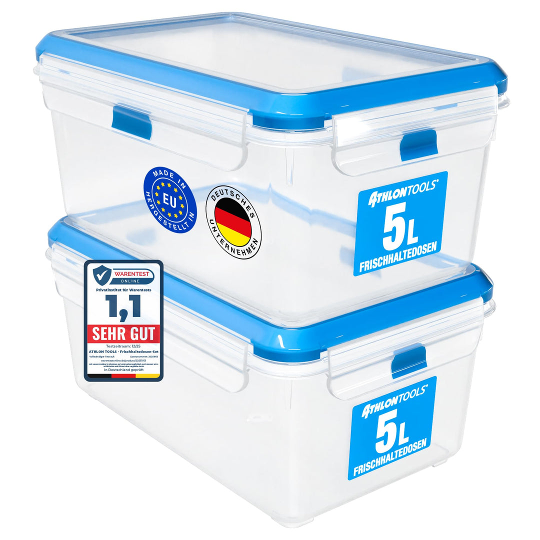ATHLON TOOLS 2x 5L Frischhaltedosen-Set in Gastro-Qualität - 100% luftdicht und auslaufsicher -40 bi