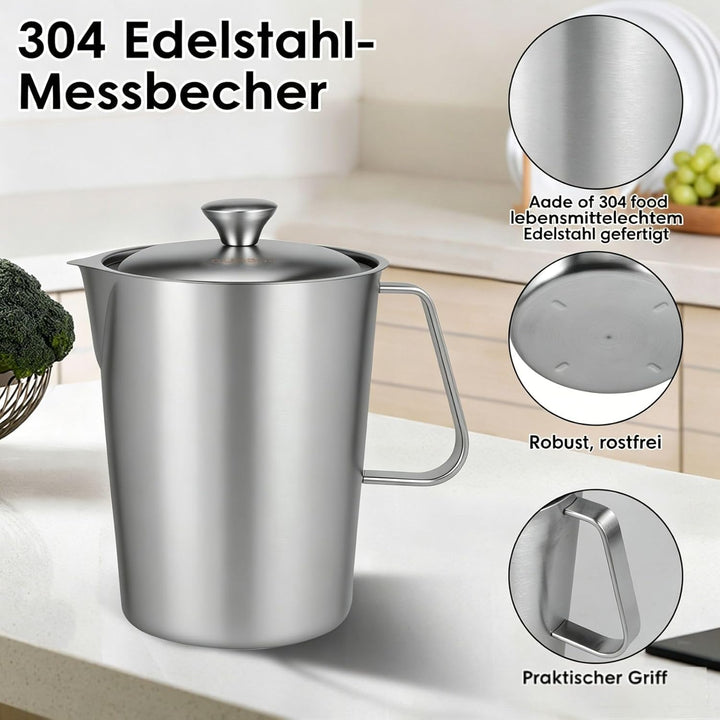 Messbecher Edelstahl 2000ml mit Feinskala Griff Milchkännchen Edelstahl mit Anti-Tropf-Ausguss BPA-f