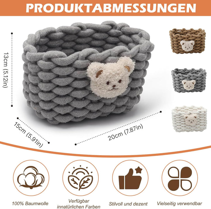 3 Stück Aufbewahrungskorb Baumwolle - Bärenmotiv Geflochten Aufbewahrung, 19x15x13cm Körbchen Aufbew