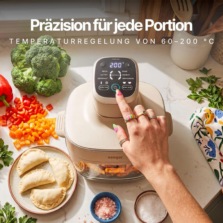 Seeger ClearFry Glas Heissluftfritteuse mit 6 Zubereitungsfunktionen | PFAS-Frei, 2 Glasbehälter (4.