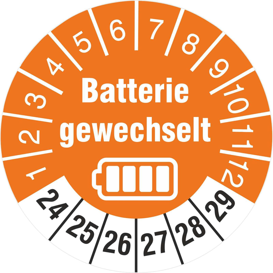 500 Prüfetiketten Batterie gewechselt 30 mm Batteriewechsel durchgeführt 2024-2029 500 30mm Durchmes