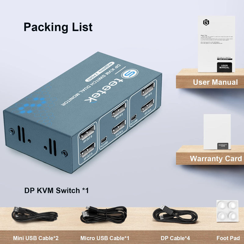 KVM Switch DisplayPort Dual Monitor, 4K@60Hz, USB2.0, DP 1.2 DisplayPort KVM Switch 2 Monitore, 2 PC