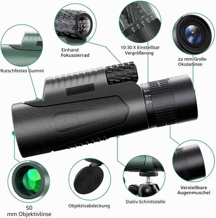 Monocular, 10-30x50 Monocular Telescope, für Erwachsene und Kinder, FMC BAK4 Prisma, Monokular klein