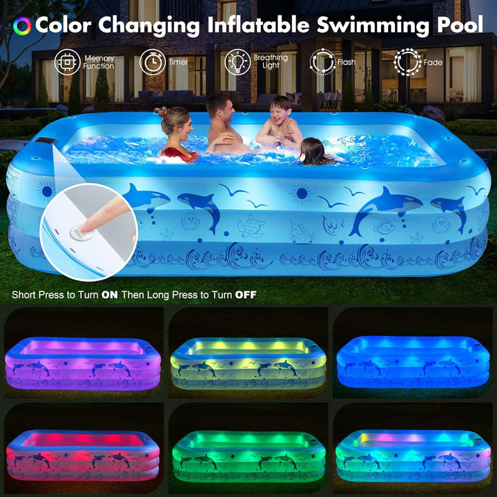LanOcean Aufblasbarer Pool Erwachsene mit Lichter, Solar Swimmingpool Kinder mit 12 Beleuchtungmodi,