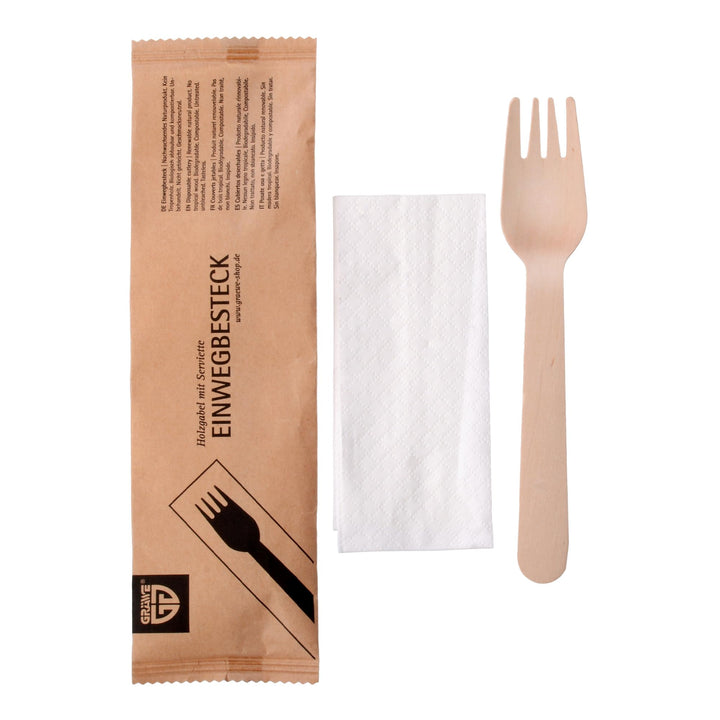 GRÄWE Holzgabel mit Serviette, 100 Sets, Nachhaltiges Besteckset aus Holz, Biologisch Abbaubar 100 S