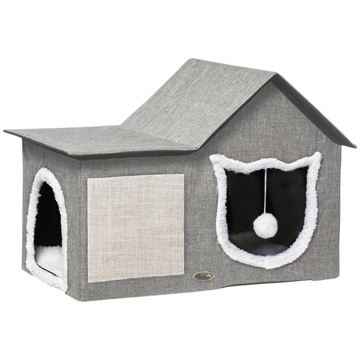 PawHut Katzenhöhle Katzenbett mit waschbarem Kissen, Kratzmatte, Spielball, Doppeltüren, Katzenhaus