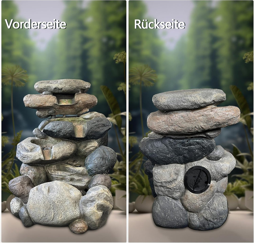 Köhko Springbrunnen Kieselstein Gartenbrunnen in Naturstein-Optik mit 4X LED Beleuchtung Höhe=68 cm