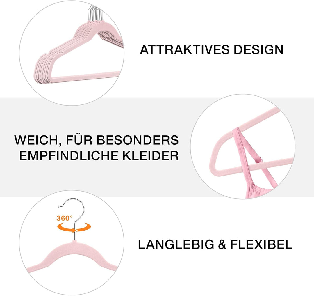 50 Stück hochwertige Samt Kleiderbügel in der Farbe Rosa mit Silber Haken/Anti-Rutsch/von StickandSh