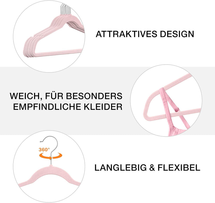 50 Stück hochwertige Samt Kleiderbügel in der Farbe Rosa mit Silber Haken/Anti-Rutsch/von StickandSh