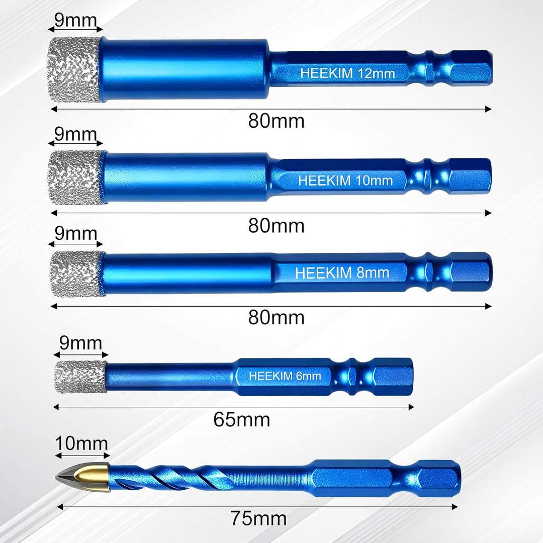 Heekim Fliesenbohrer Diamantbohrer Glasbohrer Set 6tlg. 3x6mm, 8, 10, 12mm | Glasbohrer Keramikbohre