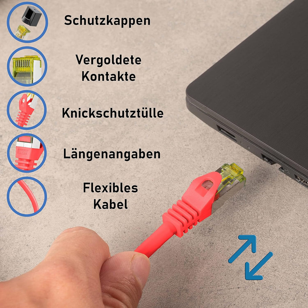 BIGtec LAN Kabel 10 Stück 2m Netzwerkkabel CAT7 Ethernet Internet Patchkabel CAT.7 rot Gigabit doppe