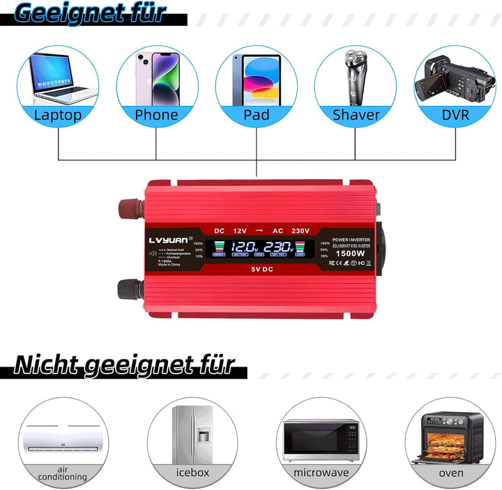 LVYUAN Wechselrichter 12V 230V 1500W Spannungswandler Stromumwandler Inverter mit 2 USB LCD EU Steck