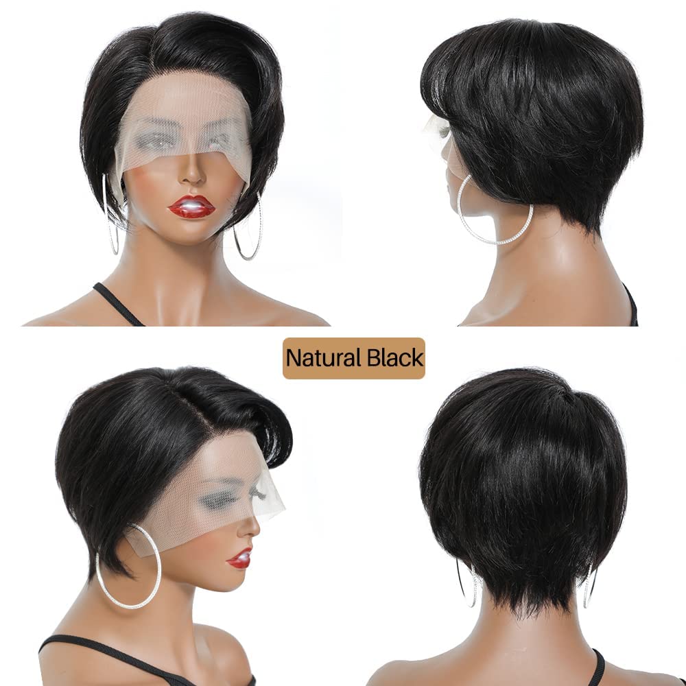 Pixie Cut Lace Front Schwarz Echthaar-Perücken mit Pony 13X4 Lace Front Perücken Short Bob Straight