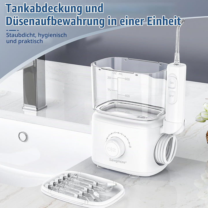 Sawgmore Munddusche, Elektrische Zahnzwischenraumreiniger mit 10 Einstellbaren Druckstufen, 600ml Fa