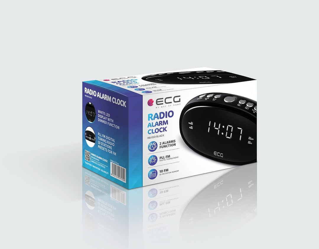 ECG RB 010 Black Radiowecker – FM Tuner; 10 Vorwahlen; Digitale Uhr/Wecker; Wecken durch Radio/Wecke