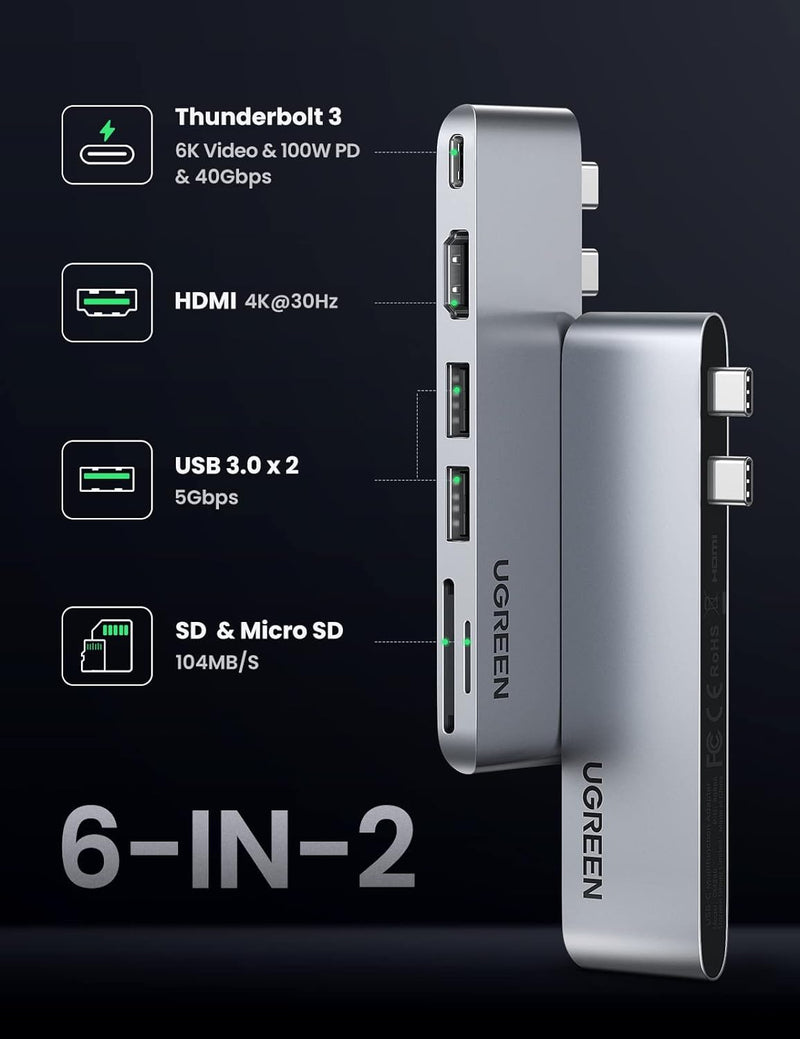 UGREEN 6-in-2-Adapter USB C HDMI 4K kompatibel mit MacBook Pro Air M2 M1 2022 bis 2016, Multiports U