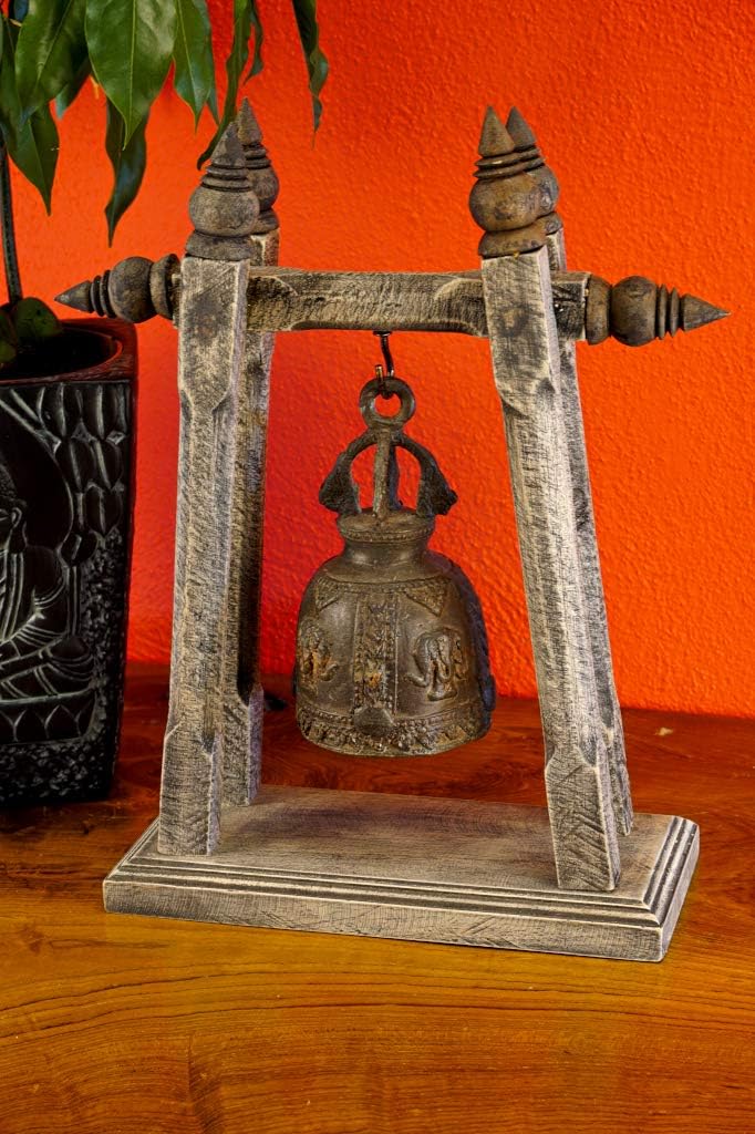 Tempel Glocke mit Stativ - Bronze Glocke - Massivholz - thailändische Dekoration - 30cm Stativ