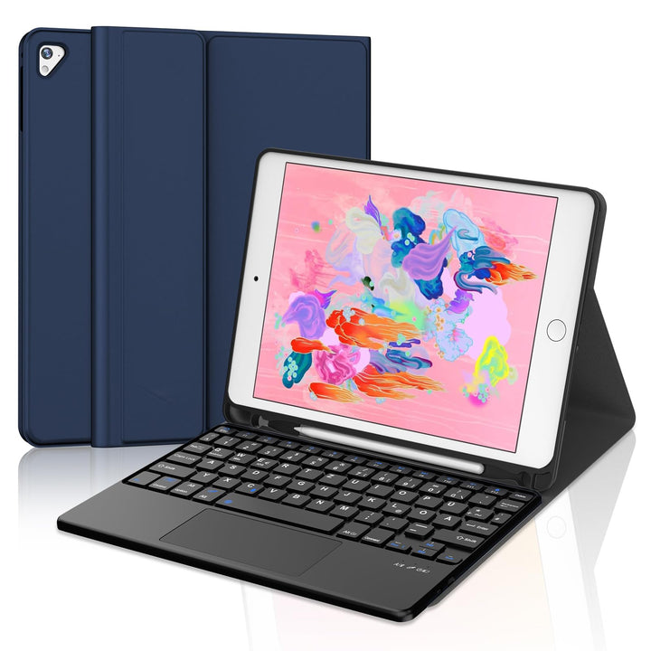 JADEMALL Für iPad 6. Generation Hülle mit DE Tastatur und Touchpad, Abnehmbare Bluetooth Tastatur Hü