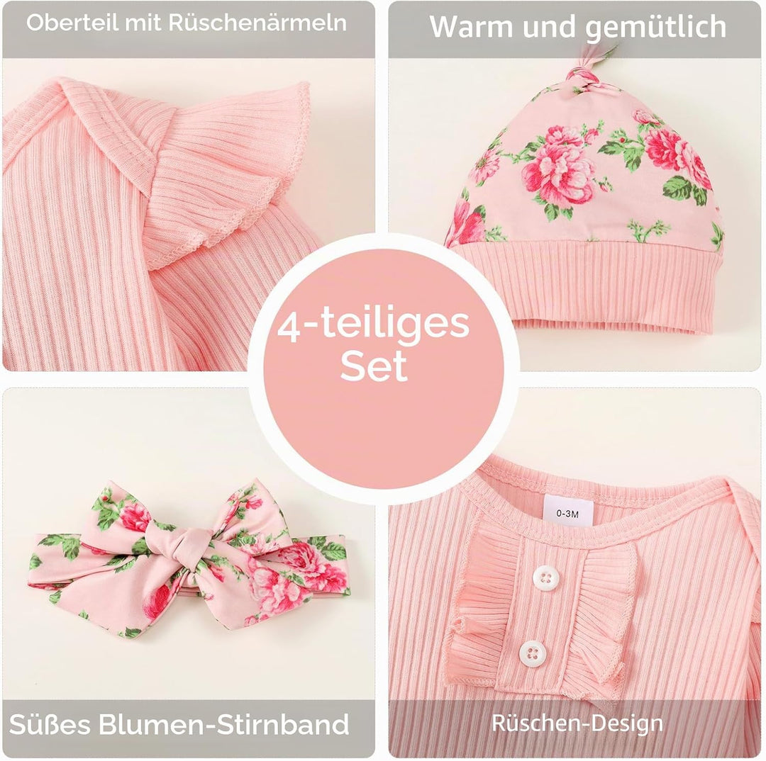 Neugeborenes Baby Mädchen Kleidung Kleinkind gerippt Ruffle lange Ärmel Strampler+ Floral Hosen+ Sti