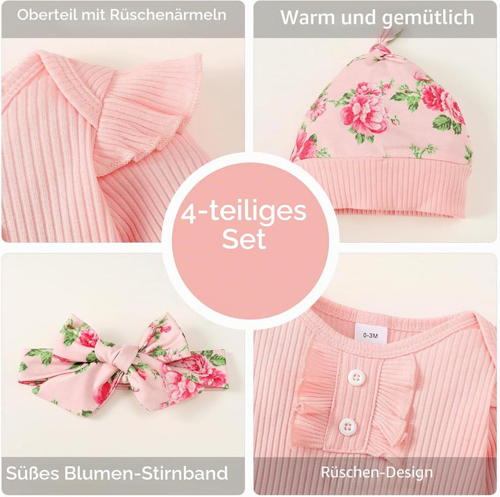 Neugeborenes Baby Mädchen Kleidung Kleinkind gerippt Ruffle lange Ärmel Strampler+ Floral Hosen+ Sti