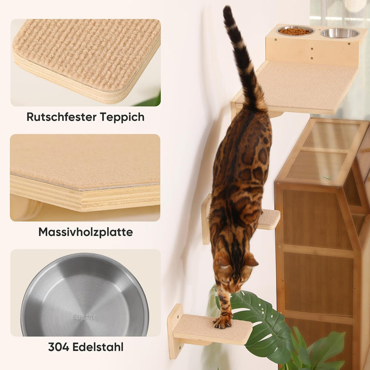 FUKUMARU Kletterwand Katzen Set, 2 Katzentreppe aus Massives Gummiholz, Katzenwand mit Katzennapf au
