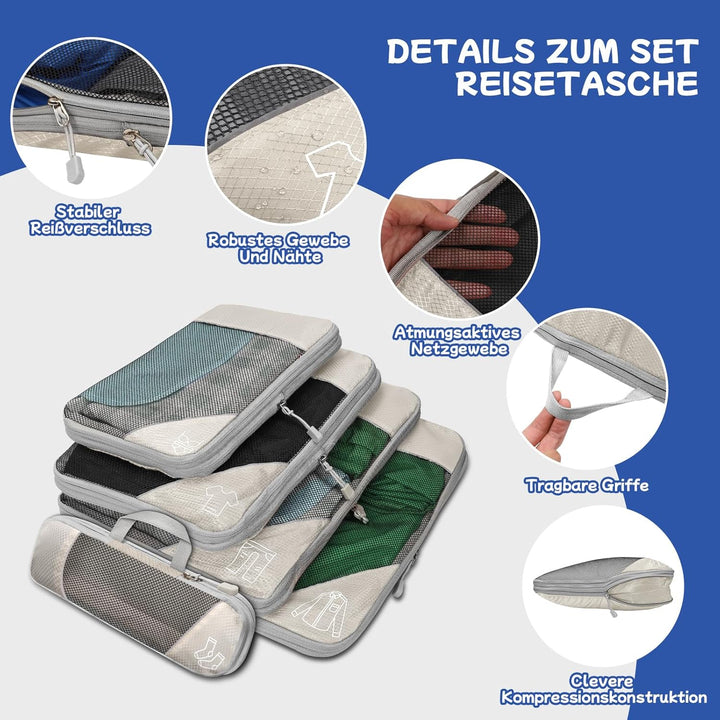 5-teilig Kompressions Packwürfel Set für Reisen, Compression Packing Cube zur Organisation Ihres Rei