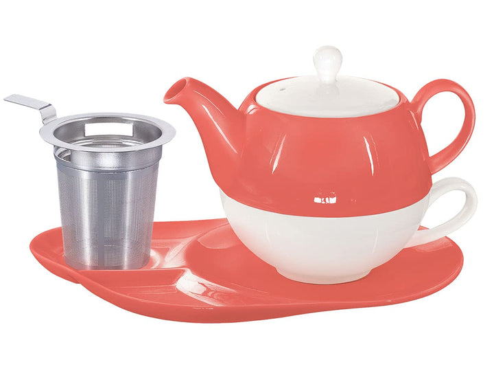 Buchensee Tea for One mit Sieb Lena 500ml aus Crystal Bone China Porzellan in coralrot. Teekanne + T