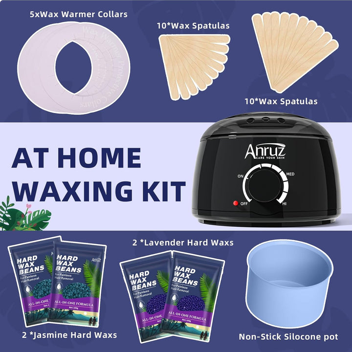 ANRUZ Waxing Set- A1-Black Wachswärmer Wachs Haarentfernung mit 400g Wachsperlen,Silikonschale und 2