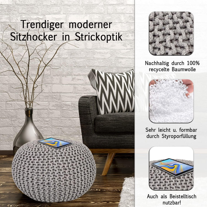 casamia Pouf Ø 55 o. 45 cm Sitzpouf Strickhocker Sitzpouf Bodenkissen nachhaltig Grobstrick Optik Gr