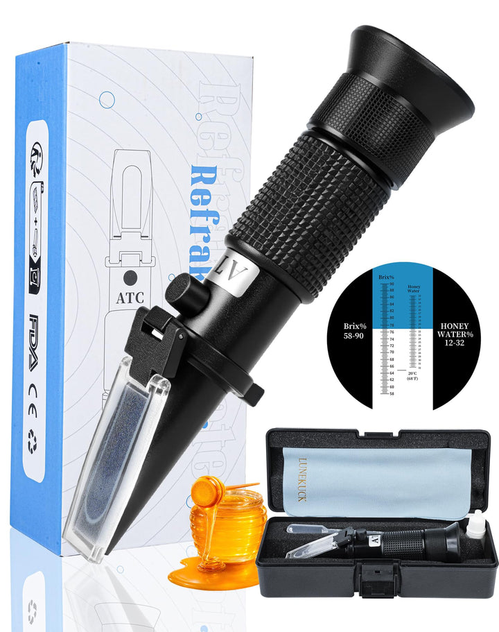 2-in-1 Honig Refraktometer für Imker, Brix 58-90% & Wasser 12-32% – Inkl 72,2% Kalibrierflüssigkeit,