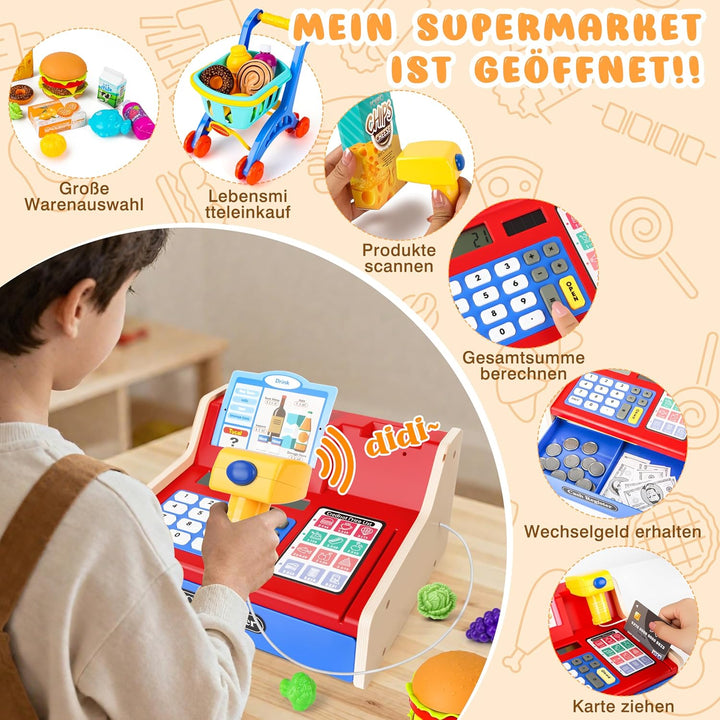 MOMOSTAR Kinderkasse, Spielkasse Kinder mit Scanner und Sound, Kasse Spielzeug Holz mit Spielgeld Ei