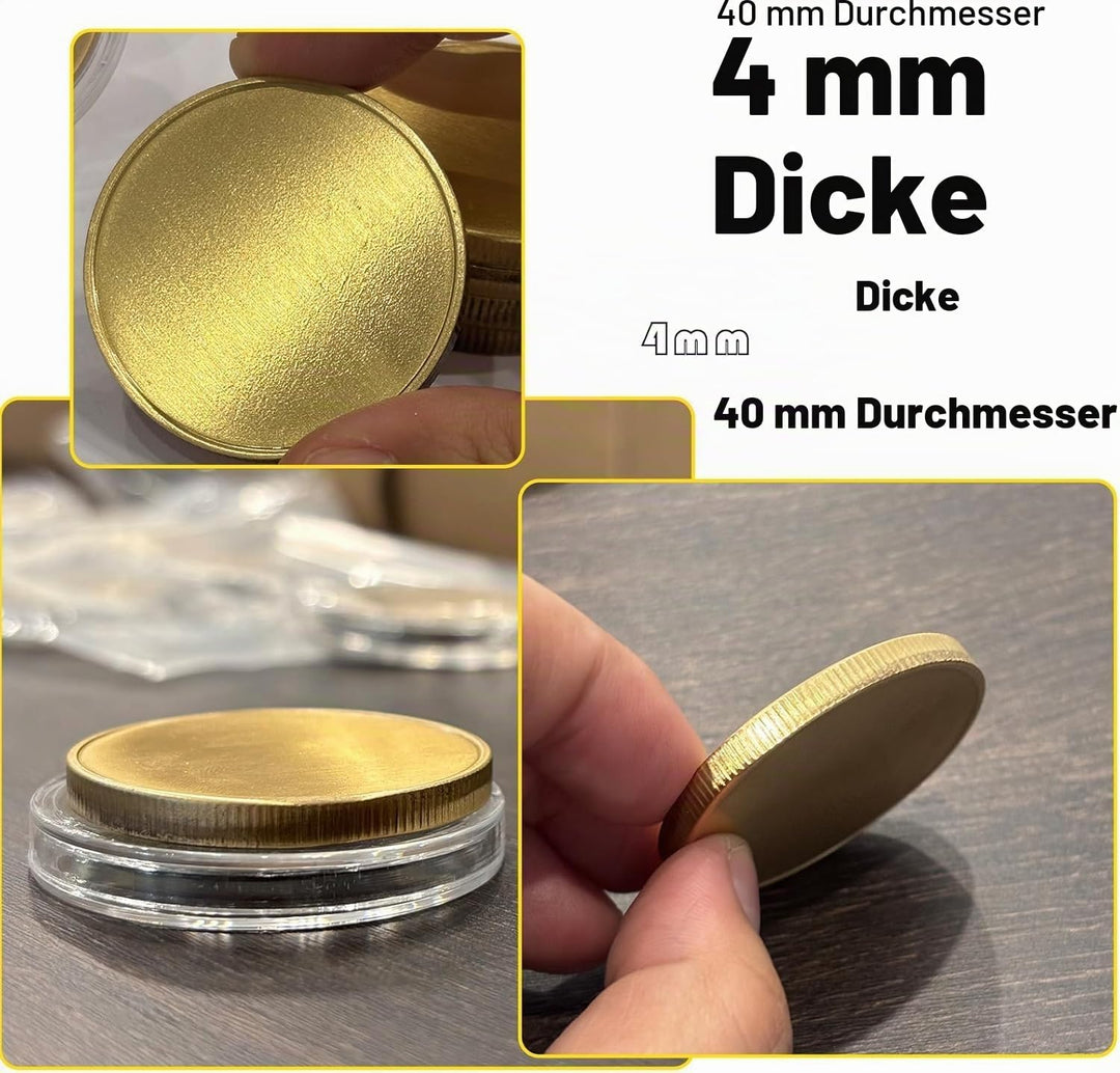 10 Stück 4 mm Messing Rohling Challenge Münzen 40 mm Gewindekante, 4 mm dicke Acryl-Schutzbox, Rohli