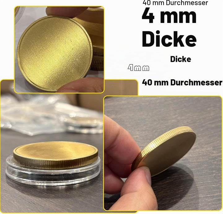 10 Stück 4 mm Messing Rohling Challenge Münzen 40 mm Gewindekante, 4 mm dicke Acryl-Schutzbox, Rohli