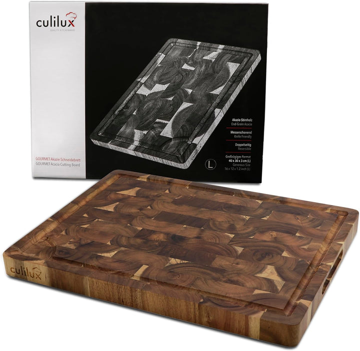 CULILUX® Gourmet Schneidebrett L Stirnholz Akazie 2-seitig 40 x 30 x 3 cm mit Saftrille antiseptisch