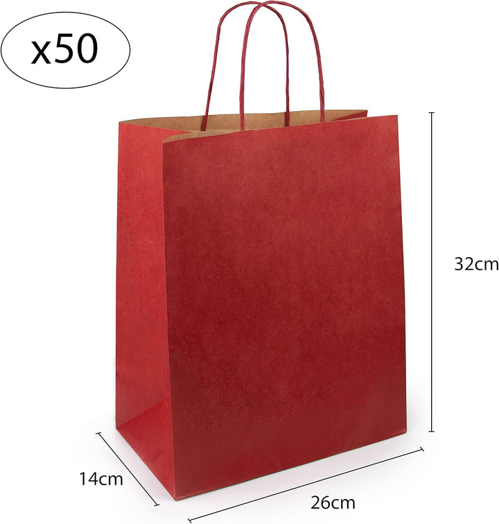 Extiff 50 rote Einkaufstaschen, aus Kraftpapier, mit Griffen, 26 x 14 x 32 cm, Einkaufstasche/Verpac