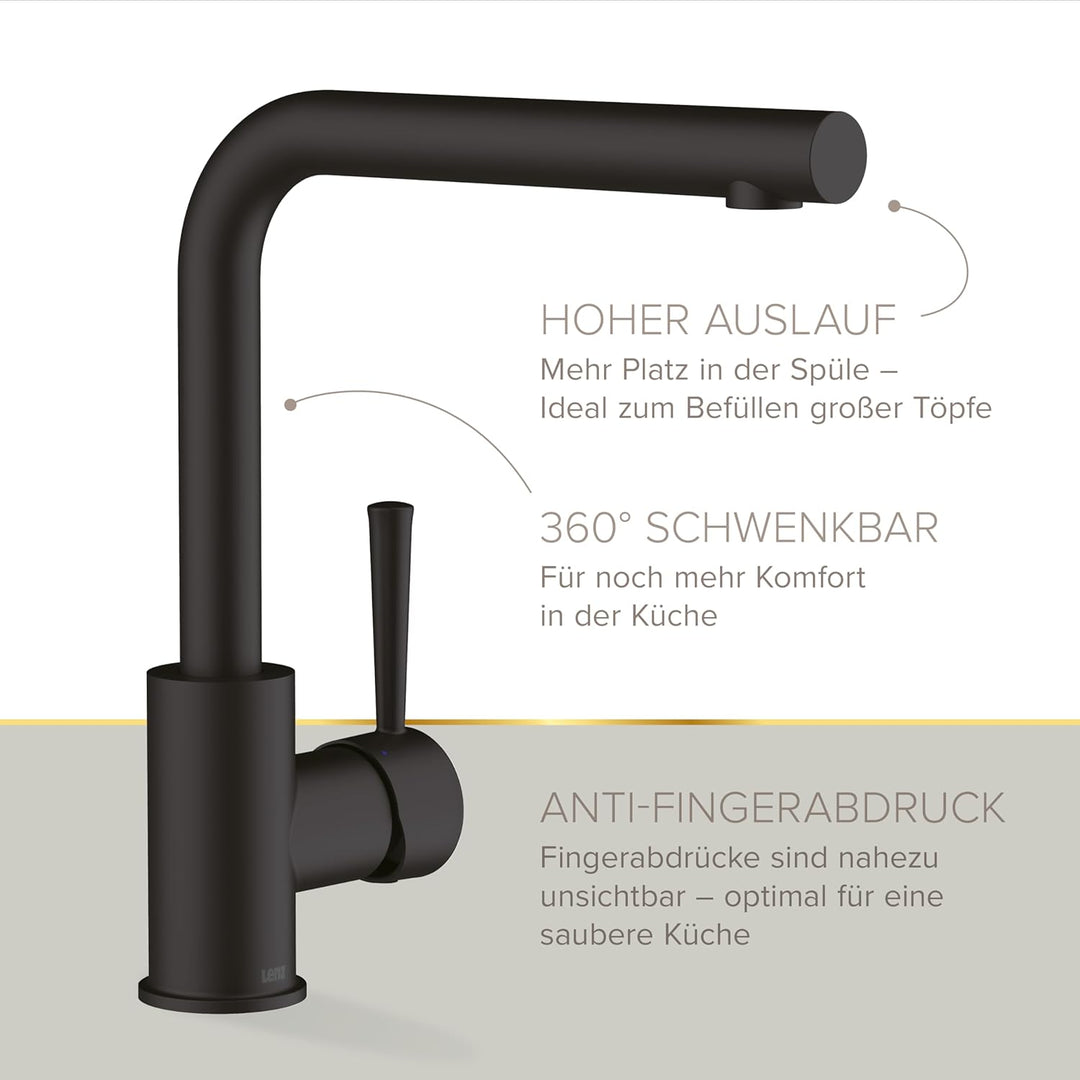 Lenz Küchenarmatur OLINA Schwarz-matt – Hoher und 360° schwenkbarer Auslauf | Spültischarmatur in L-