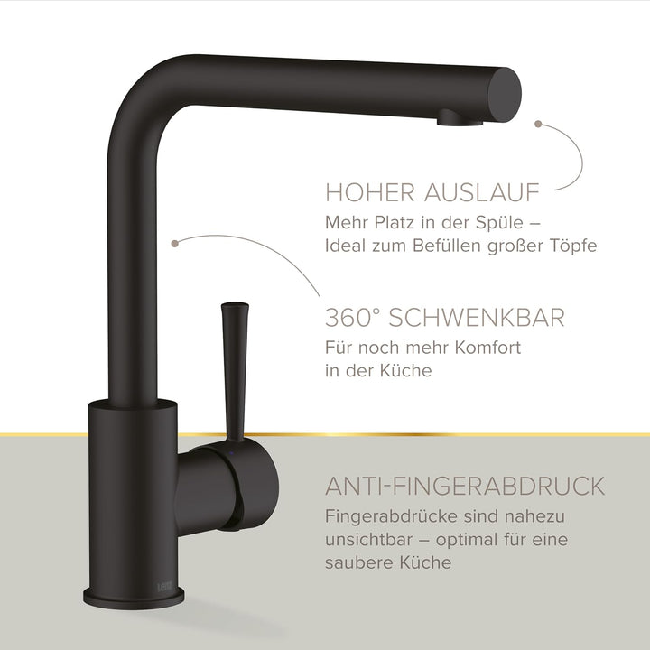 Lenz Küchenarmatur OLINA Schwarz-matt – Hoher und 360° schwenkbarer Auslauf | Spültischarmatur in L-