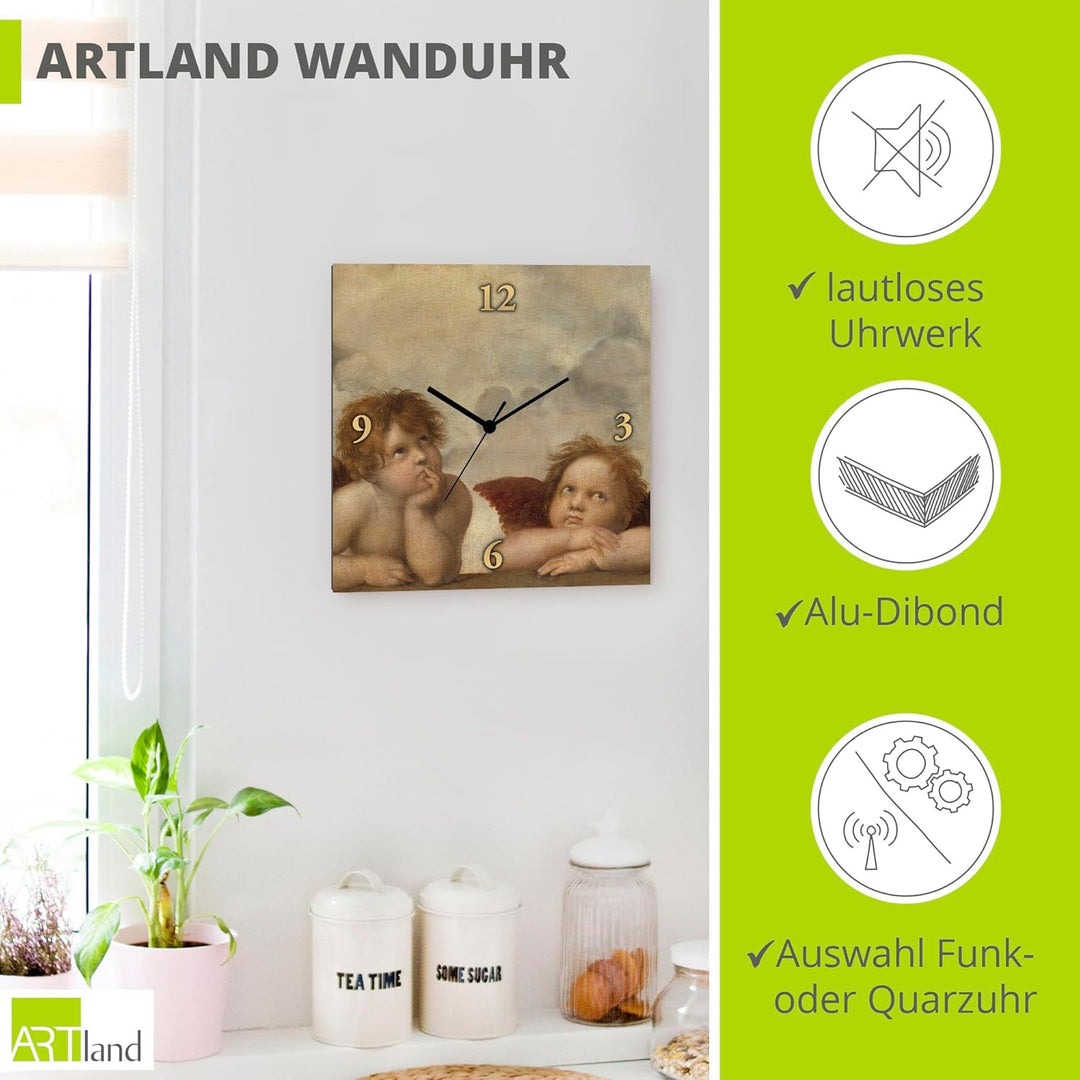 ARTLAND Wanduhr ohne Tickgeräusche Alu Funkuhr 30x30 cm Quadratisch Lautlos Engel Raffael alte Meist