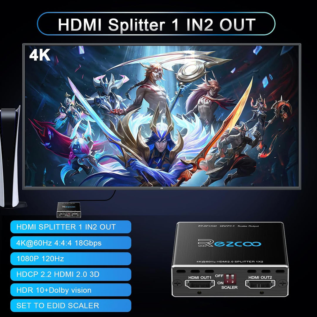 4K 60Hz HDMI Splitter 1x2 1080P 120Hz HDCP2.2 HDR 18Gbps UHD Dolby Vision Atmos EDID Scaler 4K 1080P