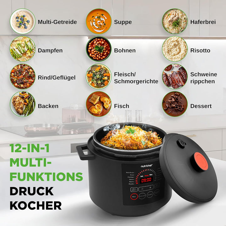 NutriChef Multikocher 5,7 L Elektrischer Schnellkochtopf, 9 Programme, Digitaler Druckkocher, Reisko