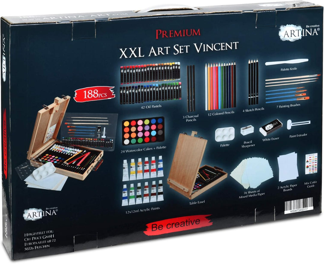 Artina 188tlg Malset Vincent mit Kofferstaffelei - XXL Malkoffer Set mit Acrylfarben, Ölkreide, Aqua