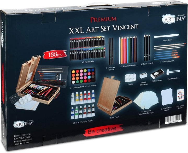 Artina 188tlg Malset Vincent mit Kofferstaffelei - XXL Malkoffer Set mit Acrylfarben, Ölkreide, Aqua