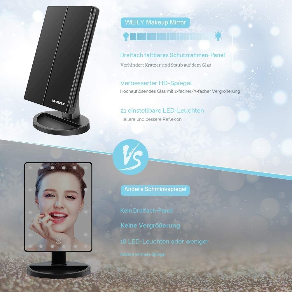 WEILY Kosmetikspiegel mit 21 LED Licht und 2X/ 3X Vergrösserung, USB und Batterie Dual Power Modus,