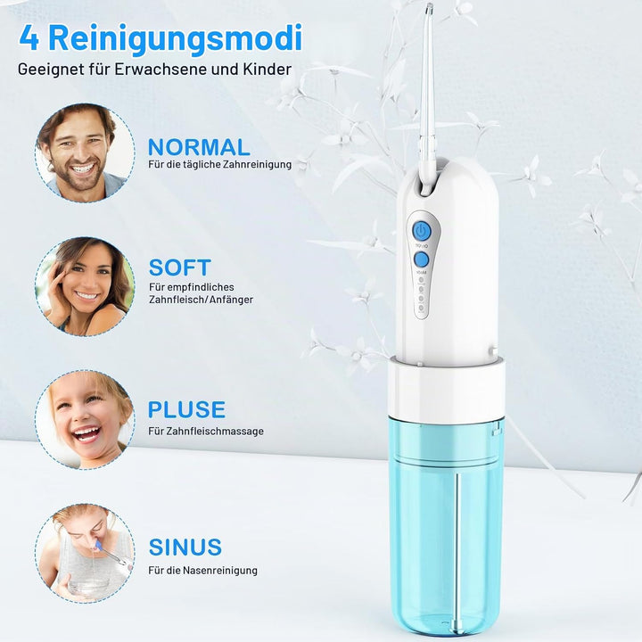 UODIR Munddusche Kabellos, Tragbarer Mini-Wasserzahnreinige mit Etui, 4 Modi und 5 um Ersatzdüsen, E