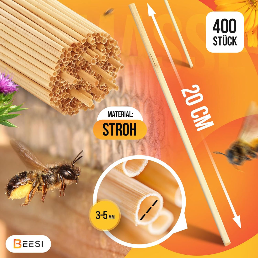 BEESI 400x Nisthülsen Stroh 20 cm lang für Insektenhotel I Durchmesser 3-5 mm inkl. E-Book I Niströh