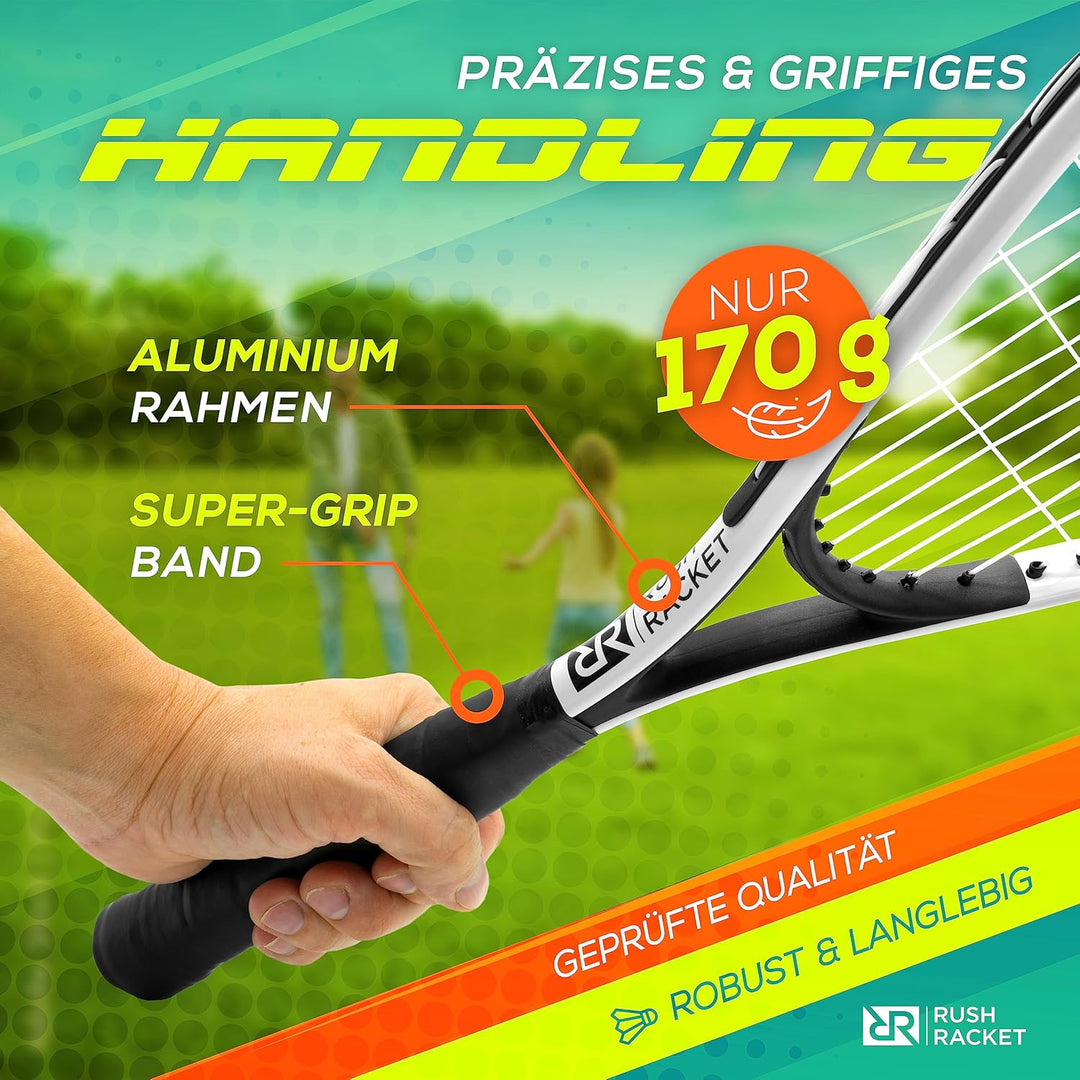 Rush Racket Set RS3 Speed Badminton Set 5-teilig (2X Schläger, 5X Federbälle, 1x Softball, 8X Feldma
