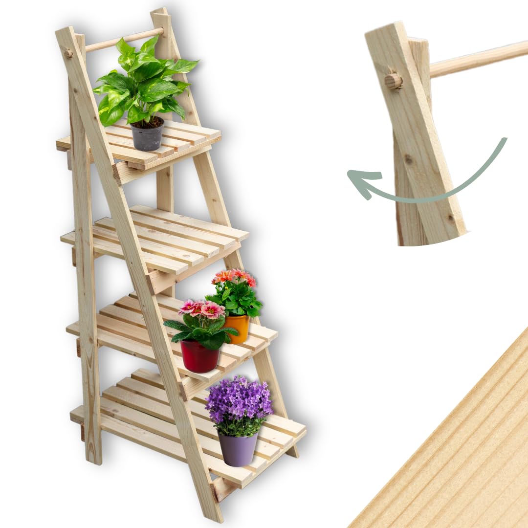 holz4home® Pflanzleiter mit 4 Ablagen I Grösse: 52,5 x 109 x 35 cm I Blumentreppe aus Tannenholz hel