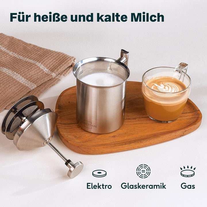 SILBERTHAL Milchaufschäumer Manuell Edelstahl - 400ml - Perfekter Milchschaum dank doppeltem Sieb un