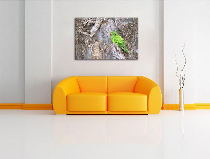 grüner Papagei im Gehölz Spezial Format: 100x70 cm auf Leinwand, XXL riesige Bilder fertig gerahmt m