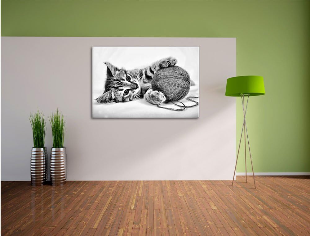 Pixxprint Kätzchen mit Wollknäuel / 100x70cm Leinwandbild bespannt auf Holzrahmen/Wandbild Kunstdruc